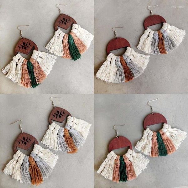 Ohrringe baumeln Boho handgemachte Ausschnitt aus Holz Baumwolle Makramee Quaste für Frauen gemischte Farbe Fransen Schmuck Großhandel