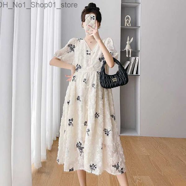 Umstandskleider 9994# 2023 Sommer koreanische Mode Mutterschaft langes Kleid elegante stilvolle Stickerei A-Linie Kleidung für schwangere Frauen Schwangerschaft Q231102