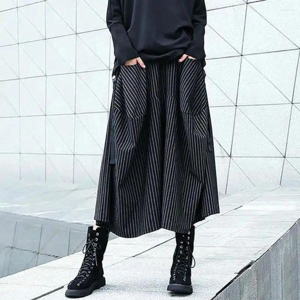 Calças masculinas primavera outono calças de cintura alta listradas plus size elástico perna larga homens japonês rua bolso design saias soltas