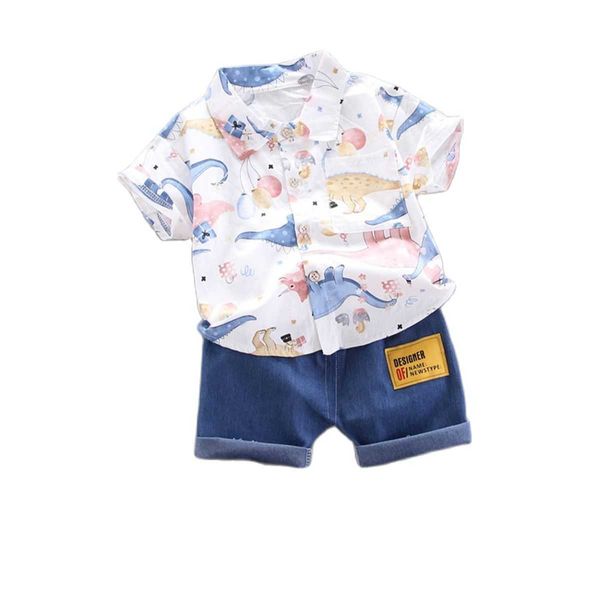 Conjunto de roupas casuais para bebês, camisa de dinossauro de desenho animado com shorts, roupas de manga curta para meninos, roupas de viagem para crianças