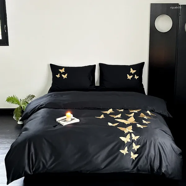 Set di biancheria da letto 1000TC Cotone Egiziano Ricamo Farfalla Oro Set di Lusso Copripiumino Morbido Nero Copriletto Piatto/Aderente Federe