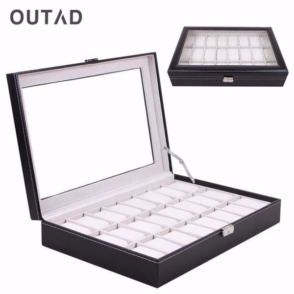 OUTAD Casket 24 Grid Box Watch Box Стеклянный черный кожаный чехол для хранения наручных часов Органайзер Классический держатель Пенопластовая подушка280u