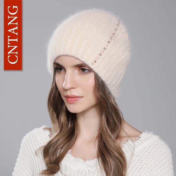 Beanie / Skull Caps CNTANG Mulheres Angora Rabbit Fur Hat Inverno Malha Quente Beanies Moda Luxo Designer Chapéus para Feminino com Pearl Diamond Cap 231102