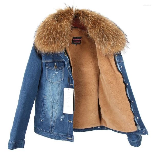 Casacos de Trench das Mulheres Maomaokong2023 True Scorpion Fur Collar Denim Jaqueta Moda Inverno Curto Parque Quente e Veludo Forro Grosso