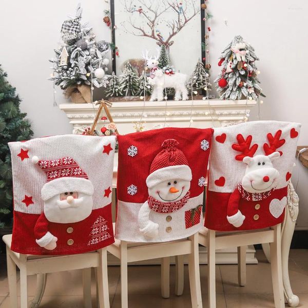 Coprisedie 3D Babbo Natale Copritavolo Tavolo da pranzo Pupazzo di neve Cappello con schienale per la decorazione domestica di Natale