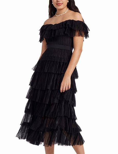 Vestidos de baile longos princesa preto bateau em camadas chá-comprimento tule a linha plus size ocasião formal vestido de festa à noite p05