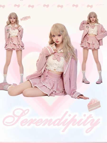 Arbeitskleider Winter Pink Kawaii Lolita 3 Stück Set Frauen Bogen süßer Mantel süßer Bluse Designer Rock weiblicher koreanischer Modeanzug 2023