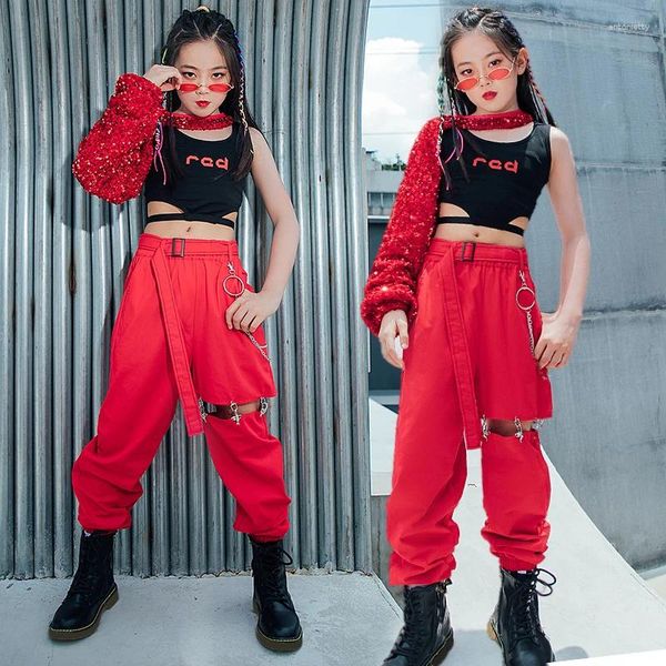 Sahne Giyim İçi Boş Pantolon Çocuk Balo Salonu Hip Hop Dans Festivali Giyim Kızları Caz Kostüm Kırmızı Sapık Tek Sleeved
