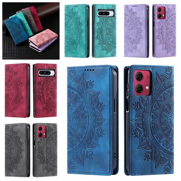 Leder-Geldbörsen-Hüllen für Google Pixel 8 8A 7 Pro Moto G84 G54 G14 Huawei Mate 60 Pro Honor X6A Suck Magnetverschluss Datura Flower Totem Lace Card Mandala Flip Cover Tasche