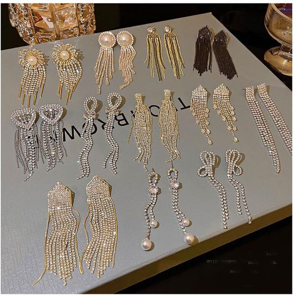Dichiarazione di moda 925 aghi in argento ciondolano orecchini pendenti con strass lunghi orecchini grandi per le donne orecchini con nappe in cristallo da sera