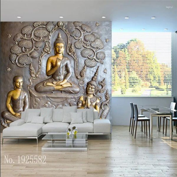 Wallpapers estilo Thail em relevo Buddha Estátua Mural Papel de parede para sala de estar El Restaurante Corredor Corredor Entrada Decoração Papel de Parede 3D