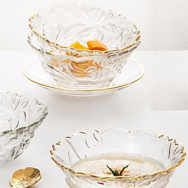 Schalen Europäische Glasschale Kreativer Goldener Strich Blume Relief Salat Nachmittagstee Dessert Organizer Modernes Küchengeschirr