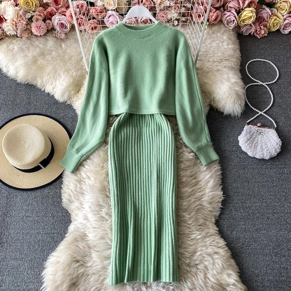 İş elbiseleri kadınlar tatlı örgü iki parça set vintage uzun yarasa kanalı kollu kazak elastik vücut kepi sundress set sonbahar kış