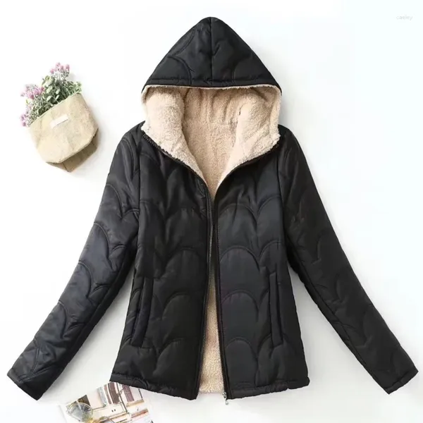 Trench da donna QPFJQD Donna Casual con cappuccio Cerniera spessa Nero da donna Caldo manica lunga in pile Regular Parka 2023 Autunno Inverno