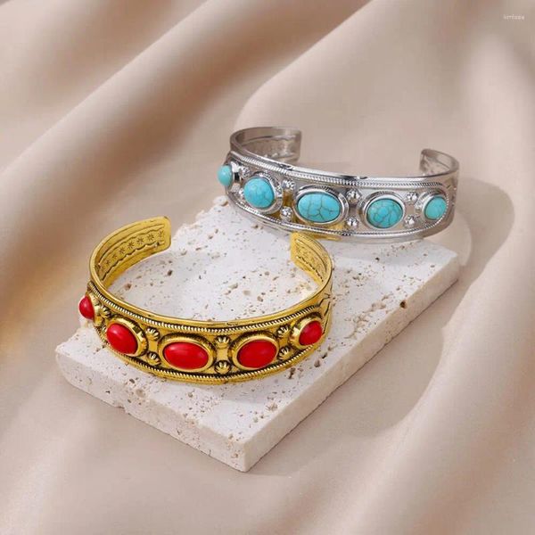 Bangle Red Big Stone Pulseira para Mulheres Vintage Jóias Acessórios de Aço Inoxidável Mão Decorar Geometria Casal Aberto