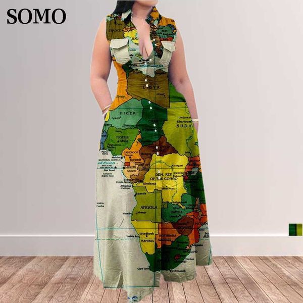 Fashion Summer Plus Size Dress Casual Mappa Stampa Camicia senza maniche Risvolto Maxi Abiti lunghi Donna Dropshipping all'ingrosso