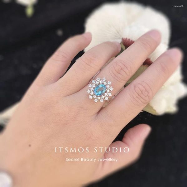 Cluster-Ringe ITSMOS Natürlicher Topas-Edelstein Echtes versilbertes Pflaster CZ-Bänder London Blue Diamond Zierlicher Schmuck für Frauen Geschenk