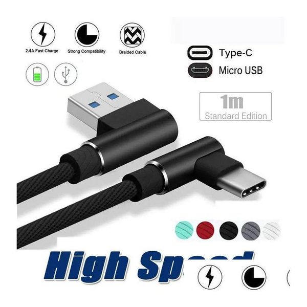 Cavi per telefoni cellulari Tipo C S Micro USB da 90 gradi 1M 2M 2A Cavi per caricabatterie rapido Linea dati intrecciata per S20 S21 S9 S10 Nota 20 Smartphone A Dhlu2