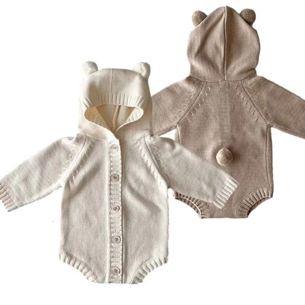 Macacões outono malha bebê macacão bonito urso orelha com capuz macacão para meninos meninas cor sólida de malha infantil roupas nascido coreano onesie 231101