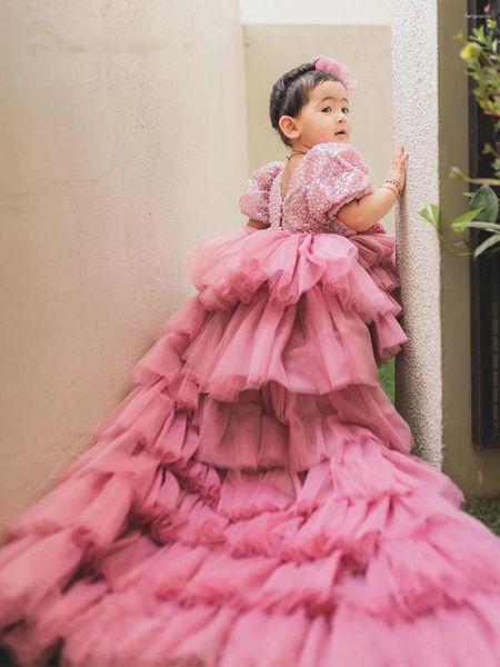 Vestidos de menina alto-baixo bebê meninas tule lantejoulas em camadas trem longo vestido de festa de aniversário do miúdo vestido de primeira comunhão pografia