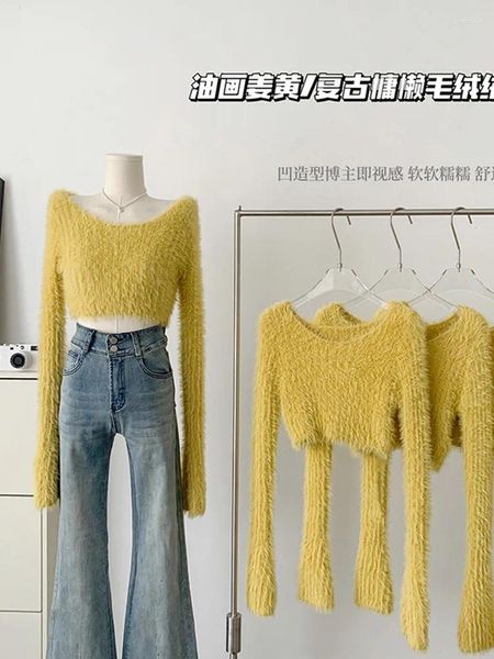 Suéteres femininos outono inverno suéter de pelúcia pulôver senhora do escritório amarelo simples o-pescoço malhas jumper casual grosso quente básico gyaru