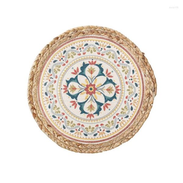 Dekoratif Figürinler 2pcs Placemats 33cm Yuvarlak Yemek Mat Pamuk İplik Dokuma Reed Çim Patchwork Style Çok Renkli Baskı Boyama