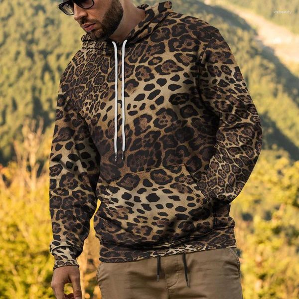 Hoodies femininos outono e inverno moda de rua masculina leopardo impressão suéter clássico bolso com capuz