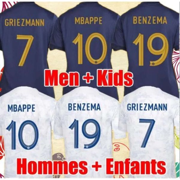 Qqq8 Maillots De 2022 World Cup Soccer Jerseys French Benzema Football Shirts Mbappe Griezmann Pogba Kante Maillot Foot Kit Top