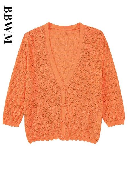 Damen Strick T-Shirts Sommer 2023 Damenmode Orange Jacquard Mesh Gestrickte Cropped Cardigan V-Ausschnitt Vintage Kurzarm Chic Weiblich Casual