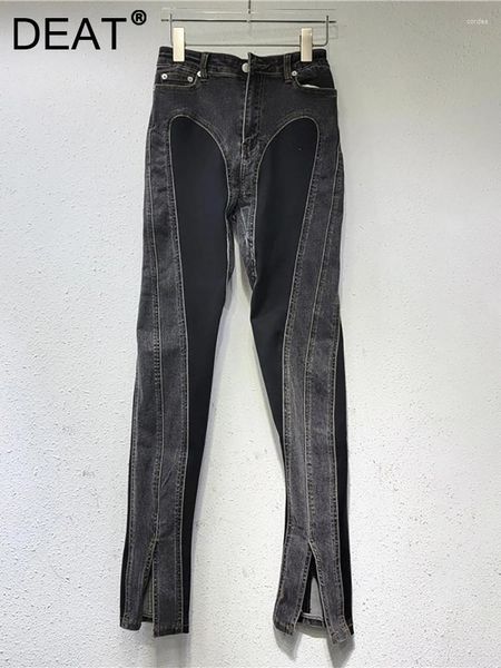 Frauen Jeans Denim Hosen Kontrast Farbe Schlank Split Patchwork Hohe Qualität Dünne Bleistift 2023 Herbst Mode 11XX4831