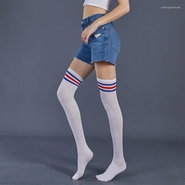 Женские носки JK, женские чулки для косплея, белые, красные, синие полоски в стиле Лолиты, длинные выше колена, до бедра, высокая компрессия