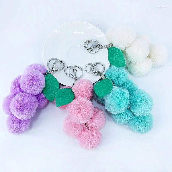 Chaveiros Fruta Pom Bola Chaveiro Faux Fur Titular Carro Pompom Uva Chaveiro Mulheres Saco Pingente Encantos Anel Presente