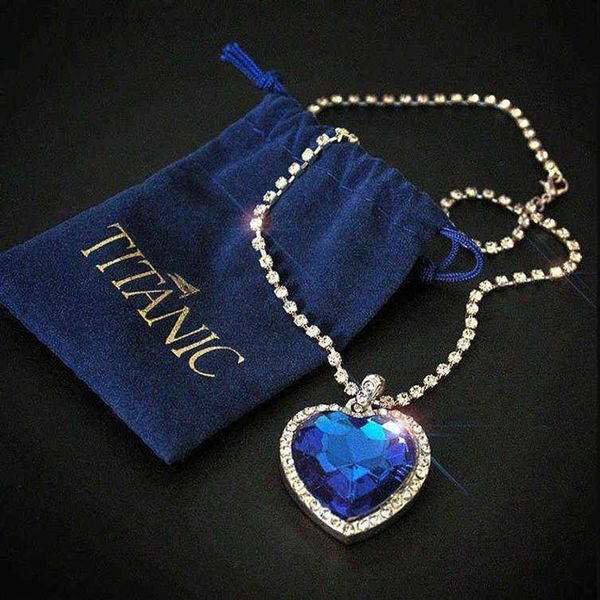 Titanic Heart of Ocean coração azul amor para sempre pingente colar bolsa de veludo Y1218247C