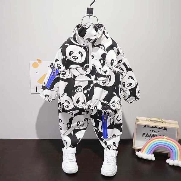 Nuevo niño pequeño lindo panda conjunto de ropa con estampado completo bolsillo jersey tops con pantalones 2 piezas conjuntos niños primavera otoño causal chándal P230331