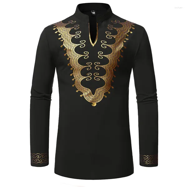 Camisas masculinas de manga comprida T-shirt primavera e outono moda gola ouro metal impresso design casual tamanho grande