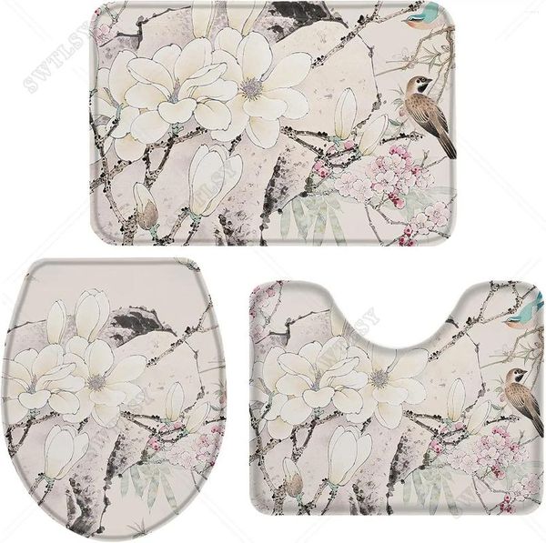 Tappetini da bagno 3 pezzi Set di tappetini da bagno con uccelli e fiori Assorbente Cultura asiatica retrò Contorno a forma di U Coperchio del coperchio del tappetino da toilette