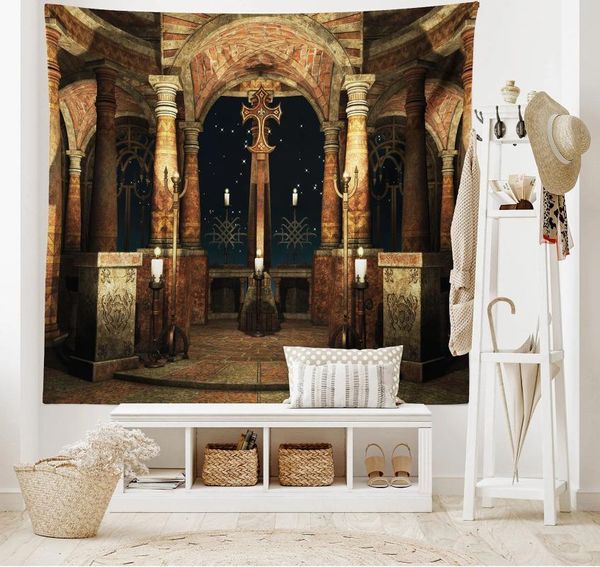 Wandteppiche Gothic Fantasy Castle Tapisserie Mysteriöser dunkler Raum Kerzen Atmosphäre Muster Wandbehang für Schlafzimmer Wohnzimmer Wohnheim Dekor