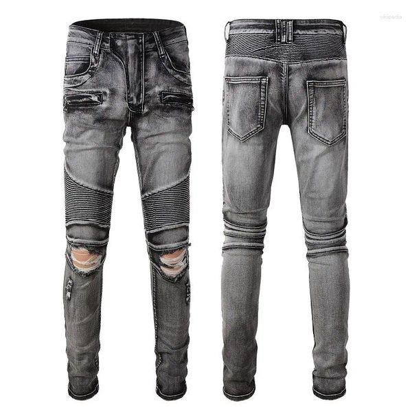 Herrenjeans American Street Ripped Plissee Männer Vintage Washed Grey Zipper Hose Boyfriend Casual Beggar Pencil Denim Pants