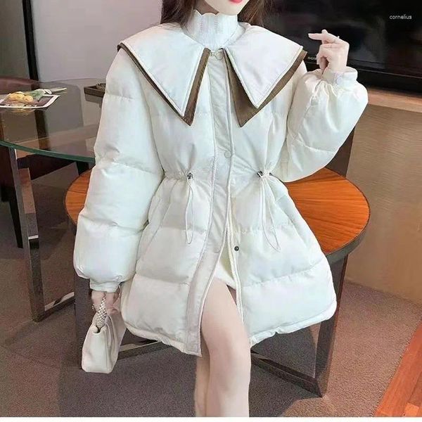 Damengrabenmäntel 2023 Koreanische dünne Spitze Daunenmantel Frauen Herbst Winter Farbe passende Puppenkragen Parkas Mittellange elegante Baumwolle gepolstert