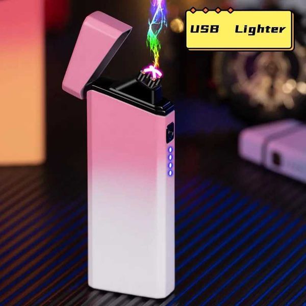 Feuerzeuge „Neue schöne Farbverlaufsfarbe USB-Ladefeuerzeug Doppelbogen-Zigarette TikTok Outdoor tragbares Geschenk für Männer und Frauen“