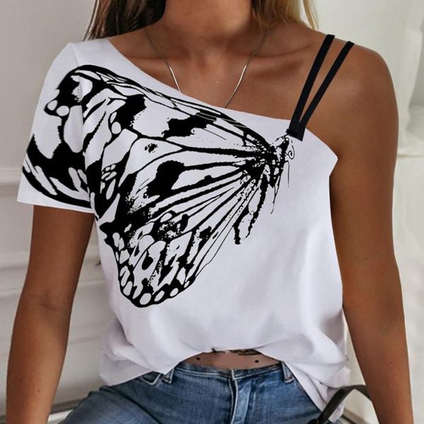 Damen T-Shirts Fashsiualy Frauen Sommer Tops Casual One Shoulder Schmetterlingsdruck Lose Kurzarm Weißes Hemd Blusas Weiblich