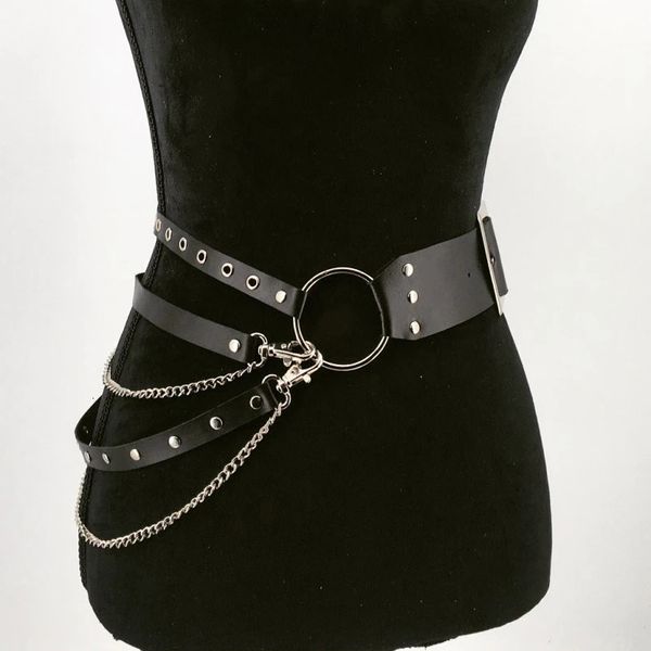 Gürtel Goth Punk Korsett Gürtel Einstellbare Frauen Taille Metall Kette Rock Leder Harness Nachtclub Hiphop Rock Sexy Kleid Bund 231101