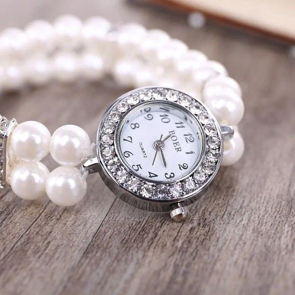 Strand feminino relógio simulado pérola strass luxo moda elegante pulseira de pulso jóias presentes senhora elástico universal encantos