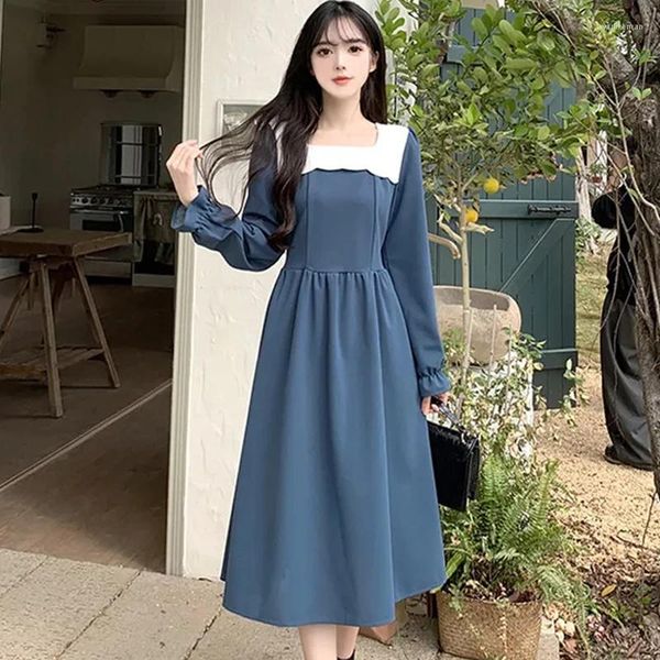 Casual Kleider Mode Elegante Maxi Für Frauen Koreanische Schwarz Weiß Farbe Passenden Schlanke Taille frauen Langarm, Figurbetontes Kleid