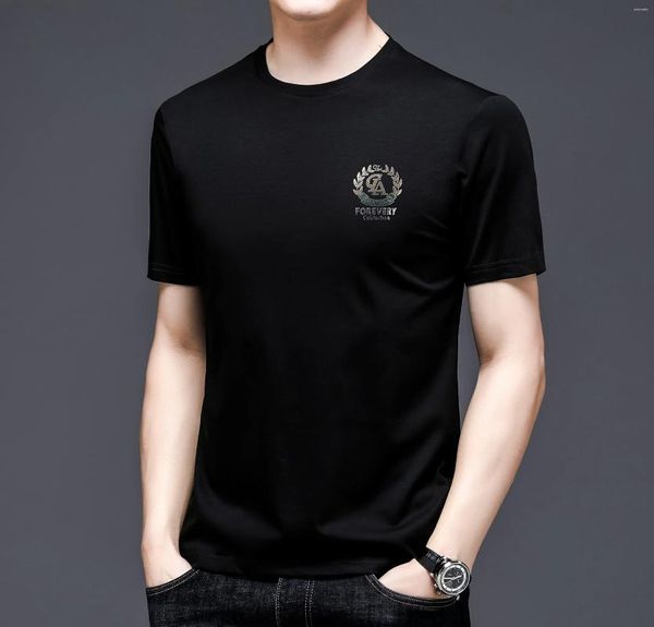 Camiseta masculina logotipo da marca bordado camiseta sólida em torno do pescoço tecido de algodão skincare respirável 2023 verão manga curta topo