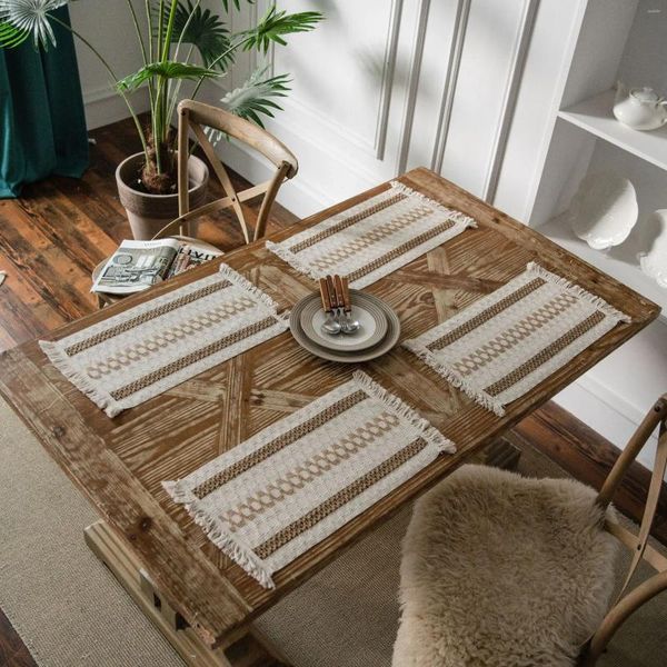 Tapetes de mesa 4 peças 30x50cm macrame placemats feitos à mão algodão tecido boho moderno fazenda franja jantar cozinha boêmio rústico natural