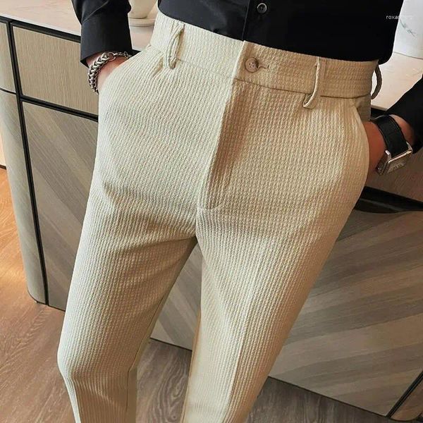 Ternos masculinos waffle calças casuais moda coreano estiramento cintura negócios formal masculino festa social terno streetwear lápis calça