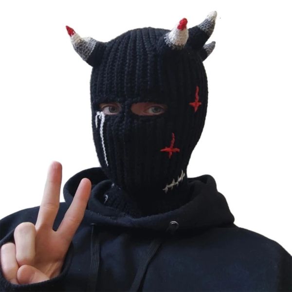 Beanie/Totenkopfkappen, winddichte Vollgesichtsmaske, Wollmütze, Mützen, warme Hörner, Strickmütze, Outdoor bei kaltem Wetter, Sturmhaube für Unisex, Drop 231102