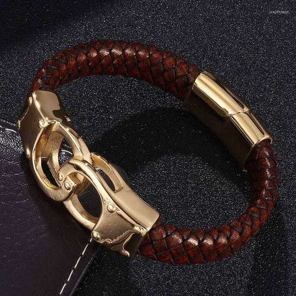 Bracelets de charme homens da moda Brown Braided Bracelet de couro genuíno Punk Jóias de aço inoxidável algemas