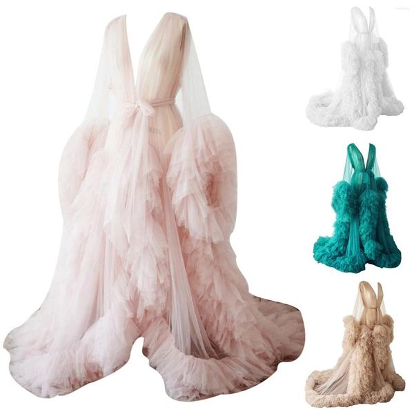 Roupas étnicas Senhoras Vestido Sheer Long Robe Puffy Tulle para Maternidade Poshoot Sexy Doce Boho Beach Vestidos